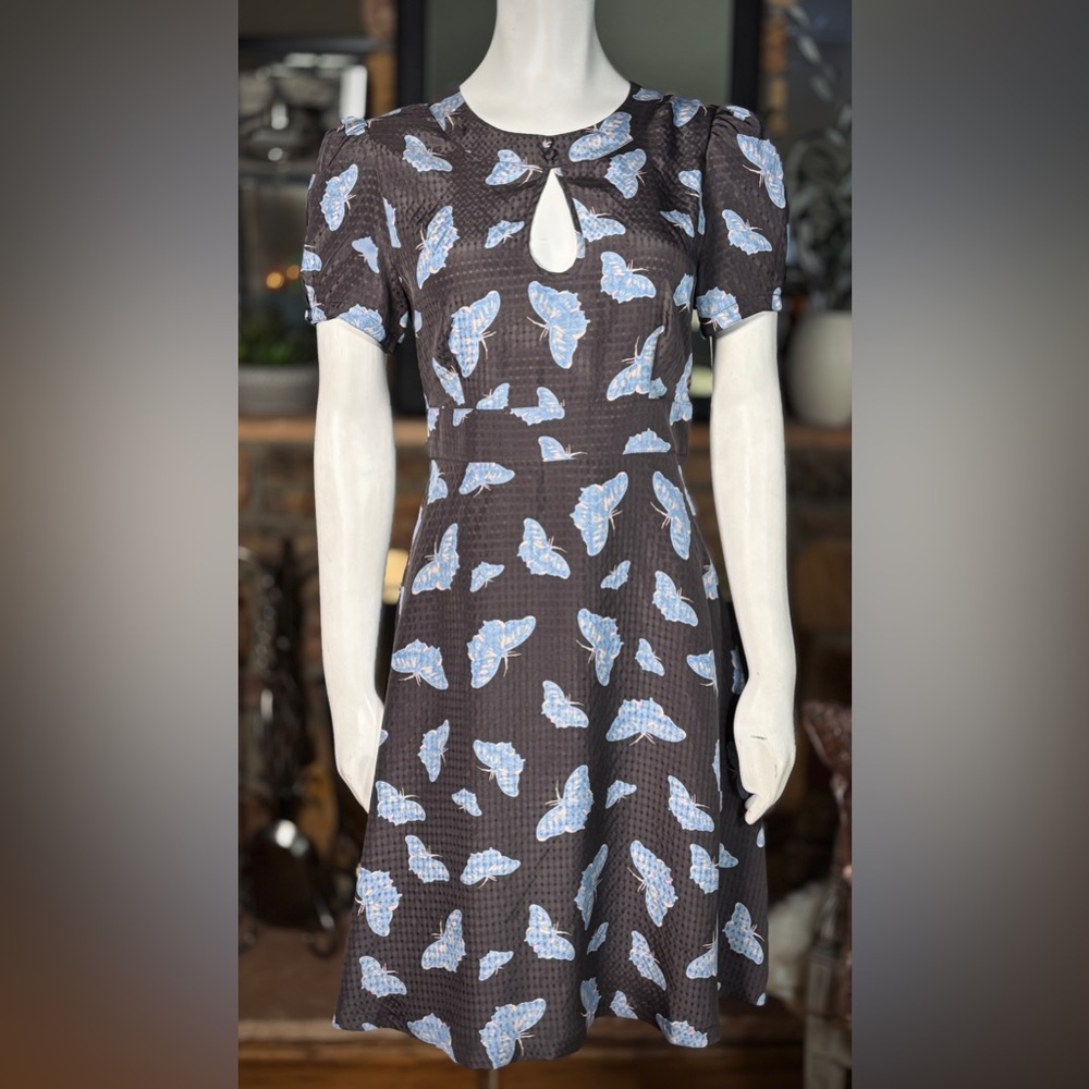 Paul & Joe Sister Gray Silk Butterfly Short Sleeve Fit & Flare Dress, Sz 10/FR42